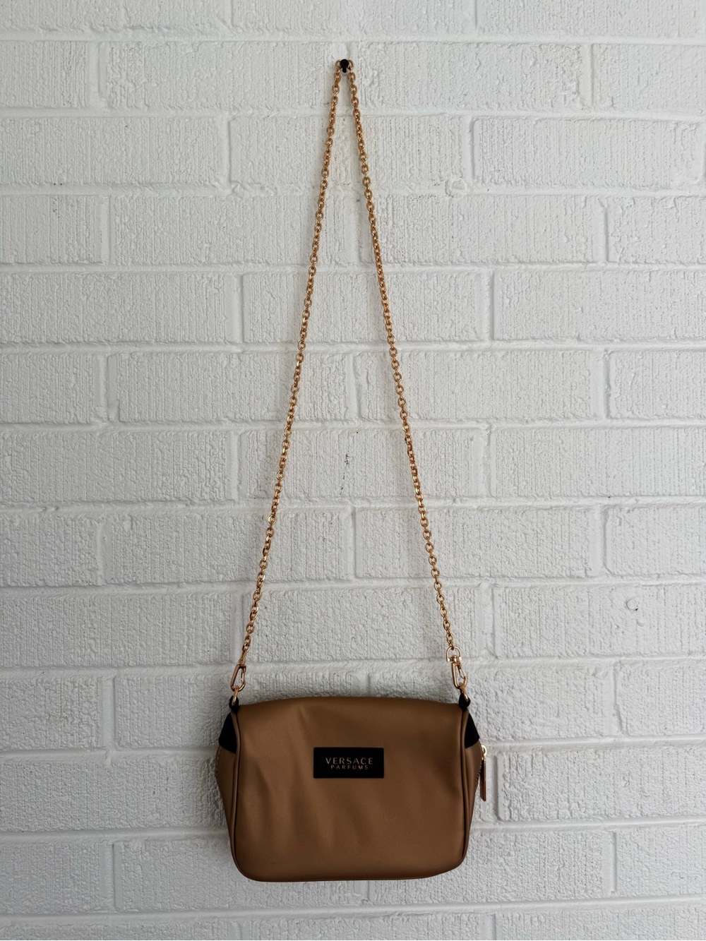 Versace Tan Crossbody with Gold Chain and Black Trim